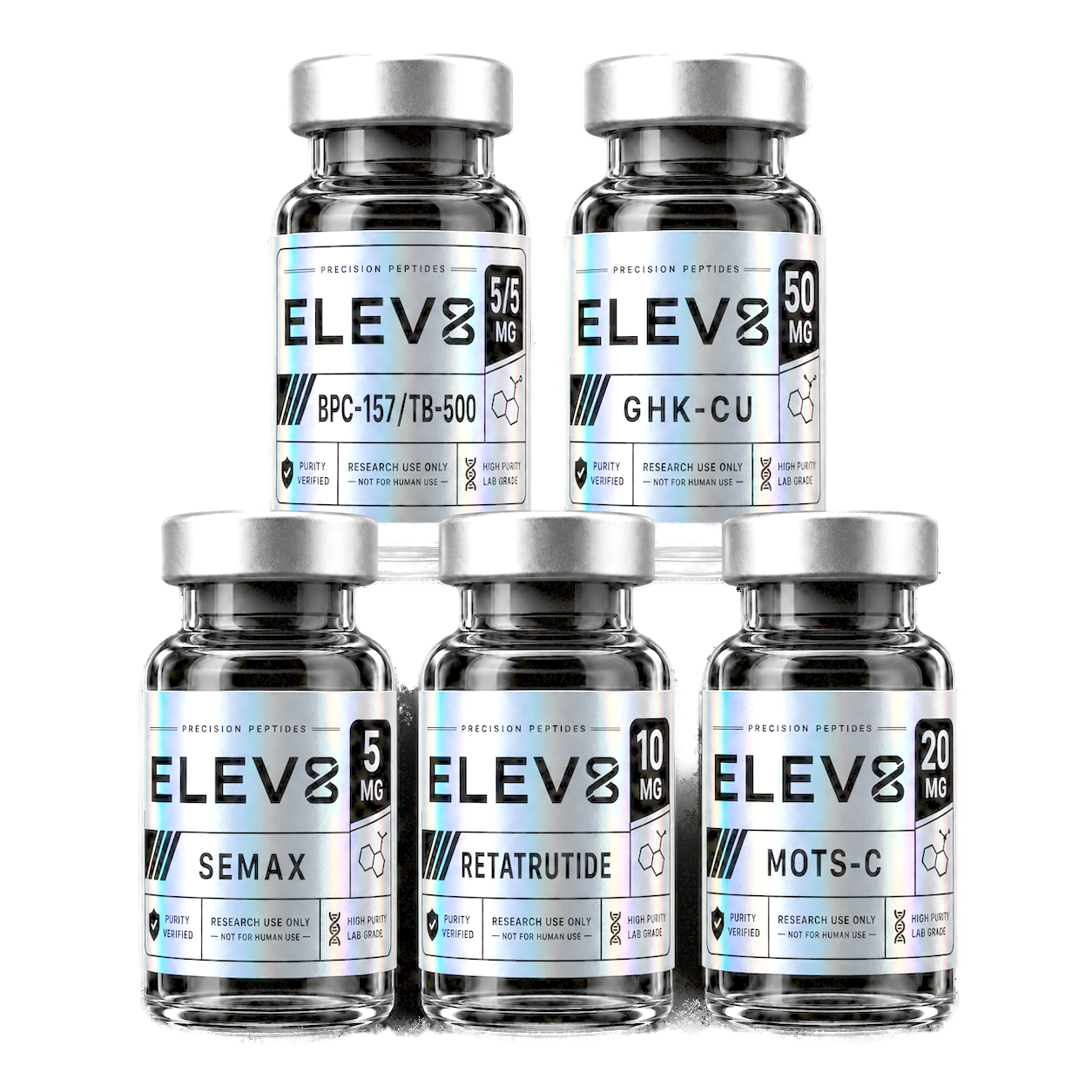 ELEV8 precision research peptide vials: BPC-157/TB-500, GHK-Cu, Semax, Reta, MOTS-C